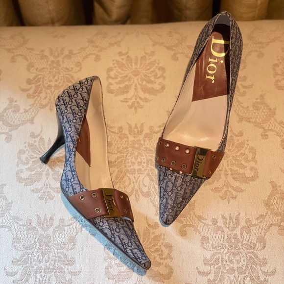 Christian Dior Navy Jacquard Canvas/Leather Logo Pump - Picture 1 of 10